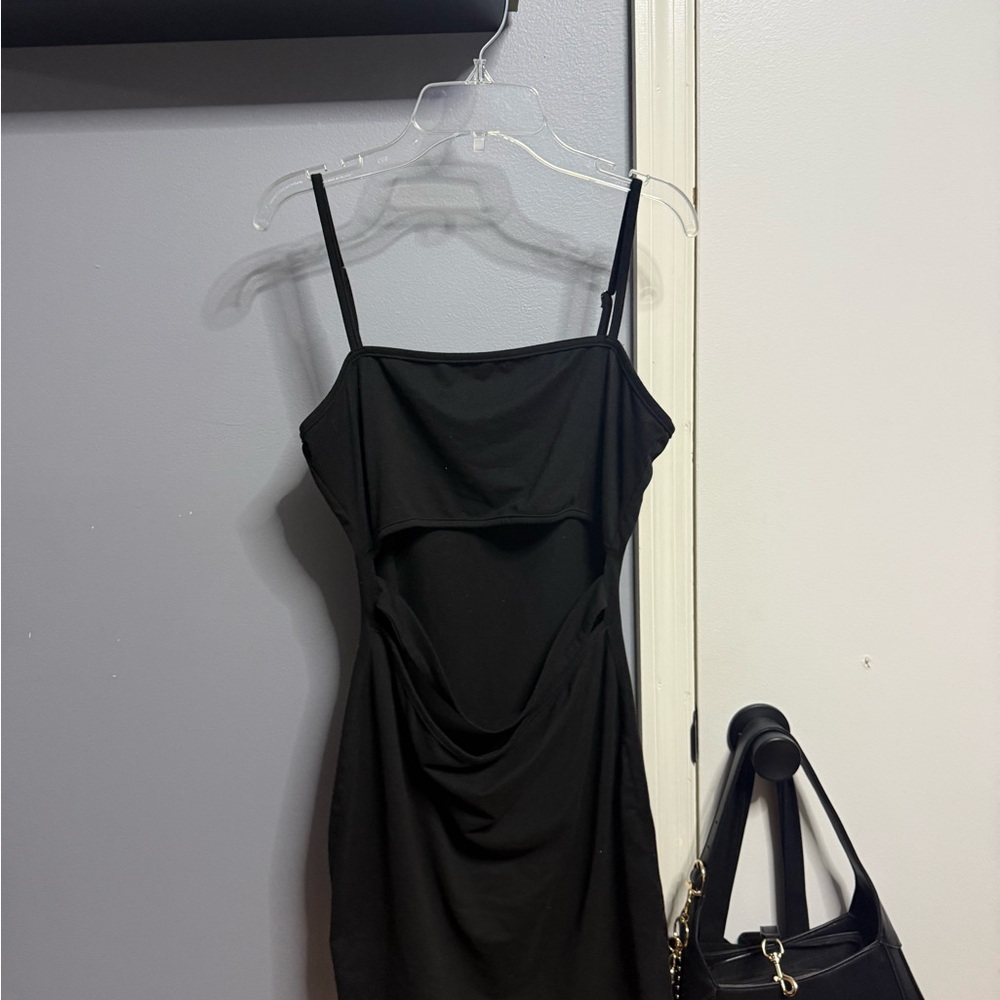 Black Spaghetti-Strap Draped Mini Dress - Women slit in middle